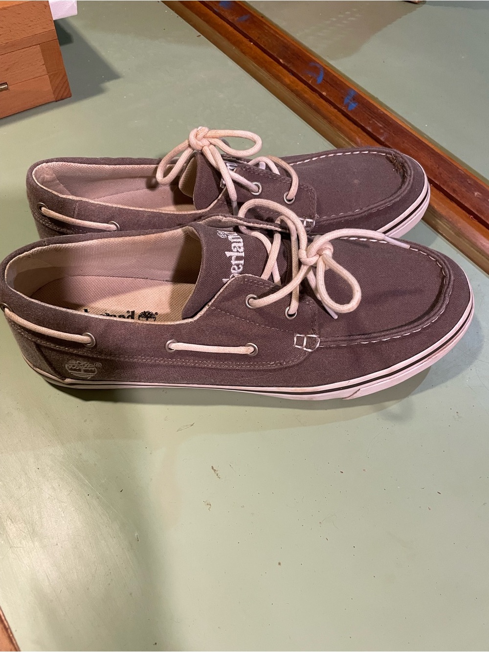Timberland Men's Gray Canvas Boat Shoes with Cream Laces
